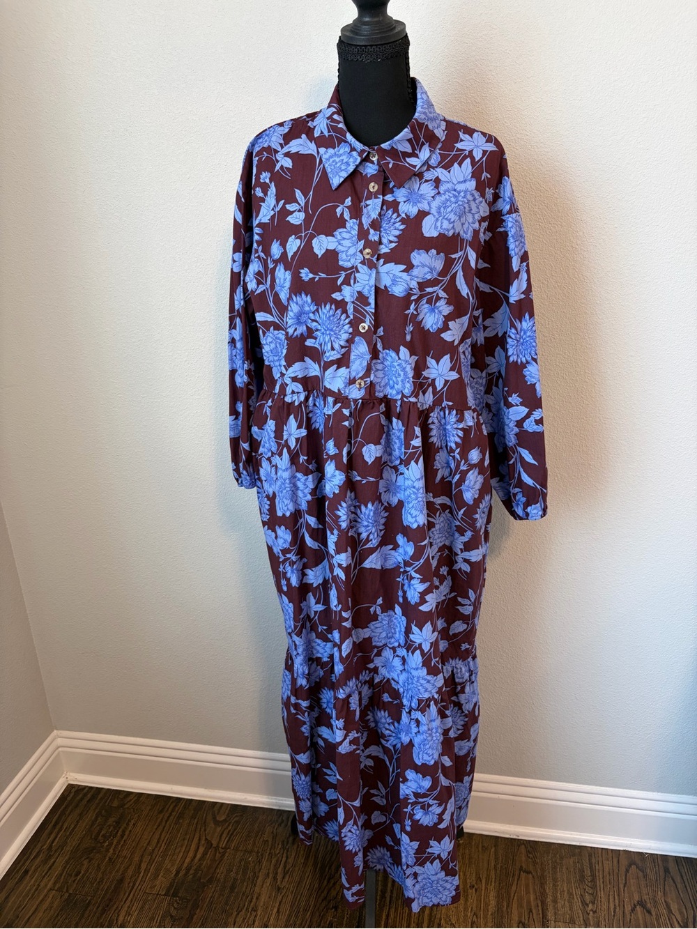 Maeve Anthropologie Bettina Brown Blue Floral Dress Size L - Picture 3 of 8